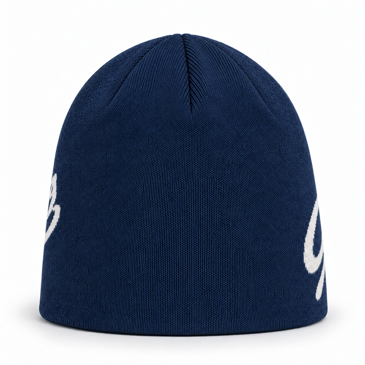 Navy Après Club beanie, side view with the embroidered Après Club wordmark at the hem