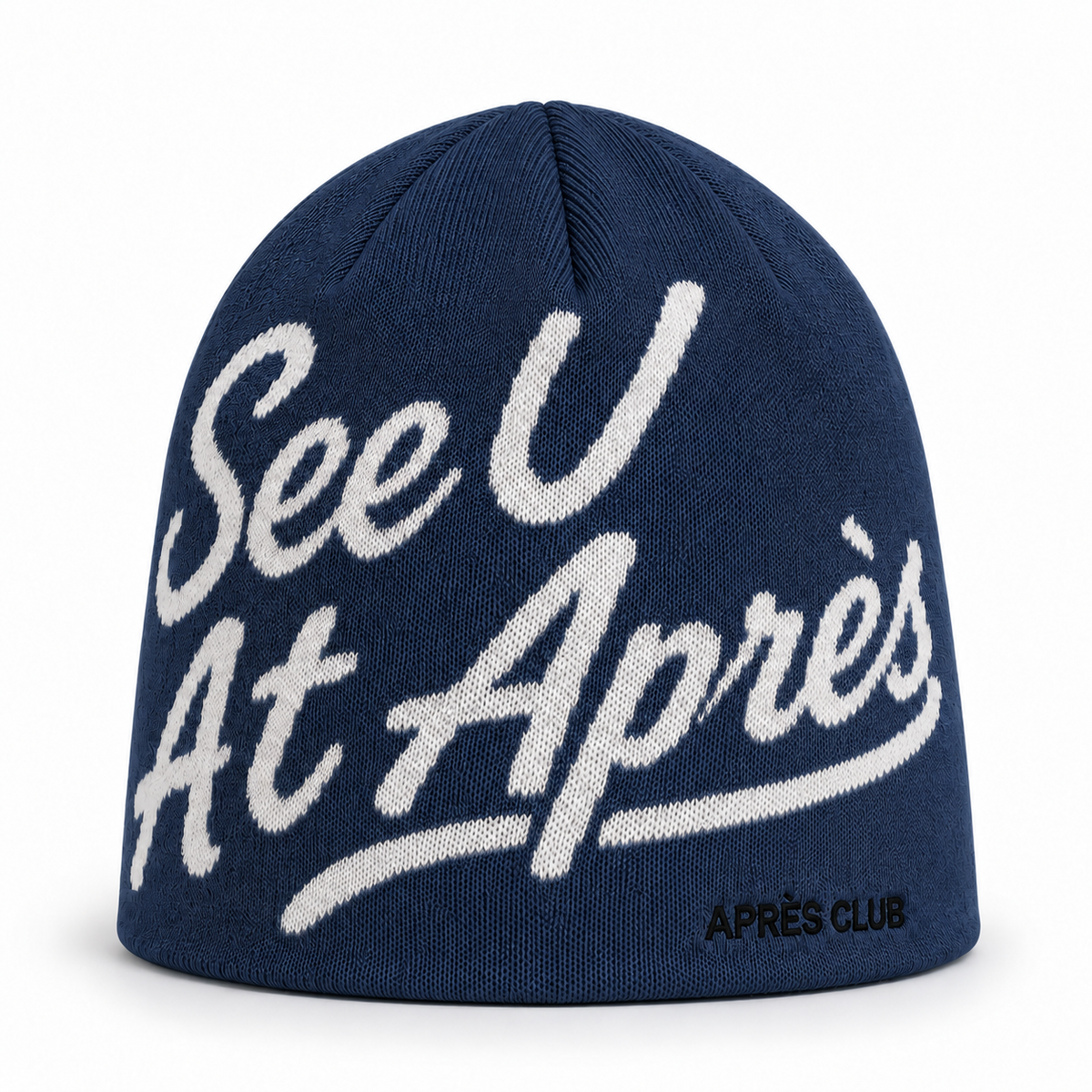 Après Club See U At Après beanie in navy, front view with the knitted script