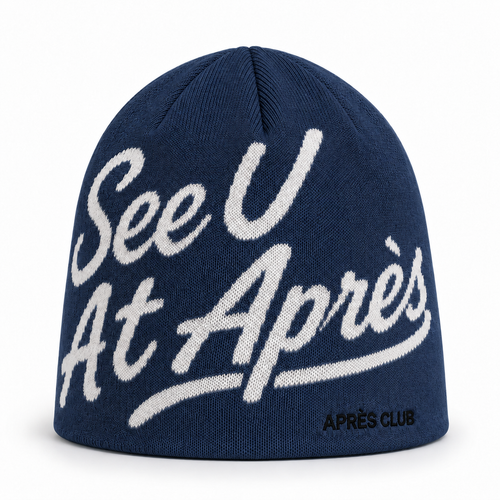 Après Club See U At Après beanie in navy, front view with the knitted script