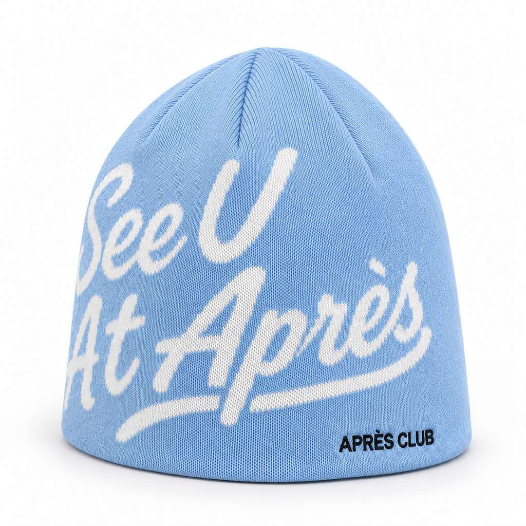 Baby blue Après Club beanie, side view showing the skull-cap fit
