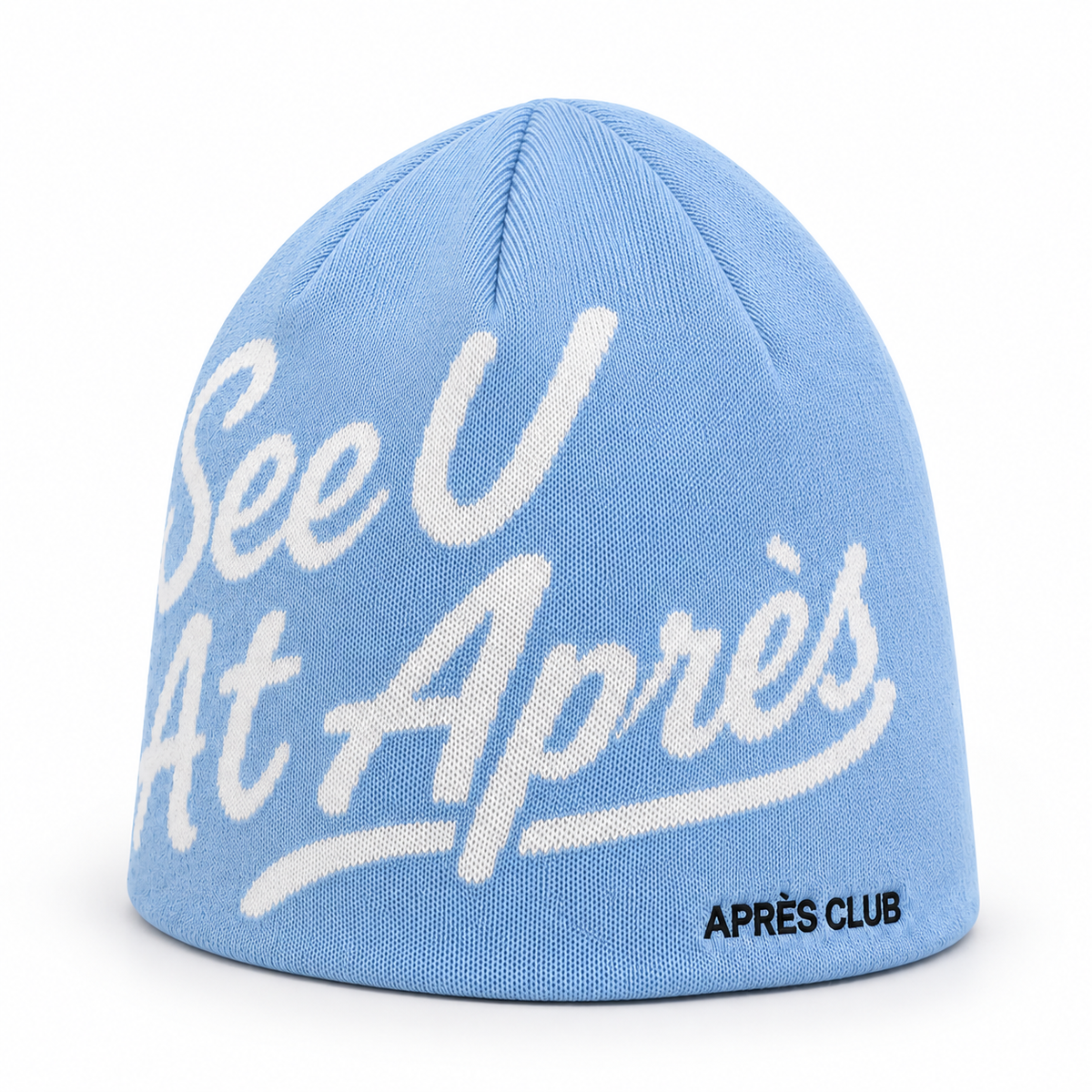 Baby blue Après Club beanie, side view showing the skull-cap fit