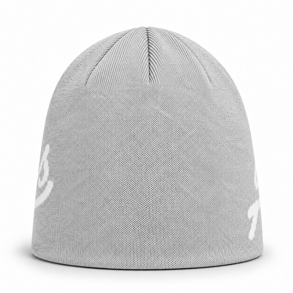 Heather grey Après Club beanie, back view with the plain knitted crown