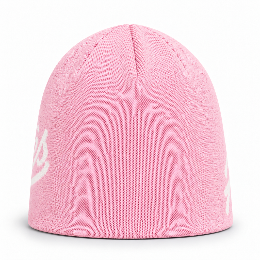 Pink Après Club beanie, back view with the plain knitted crown