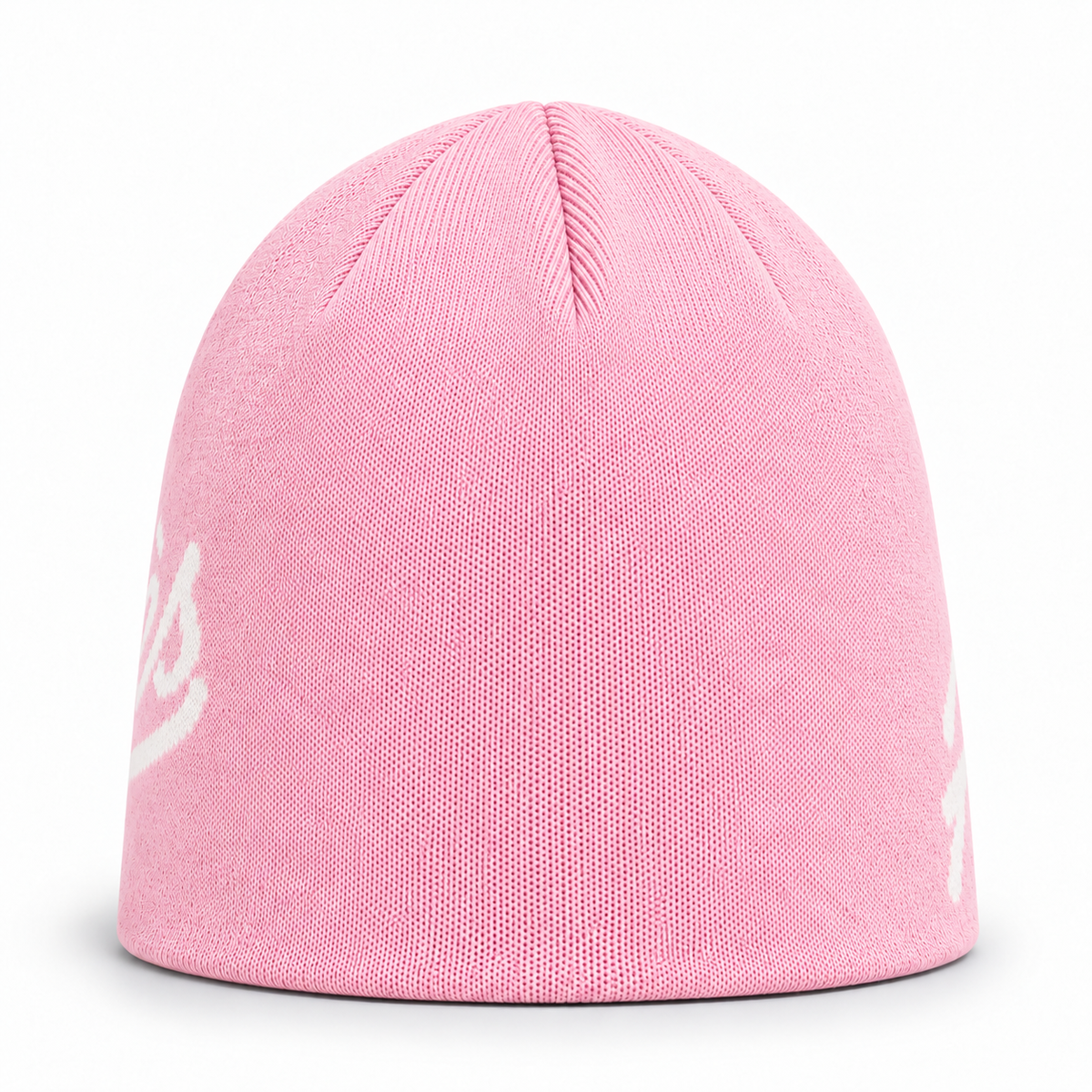 Pink Après Club beanie, back view with the plain knitted crown