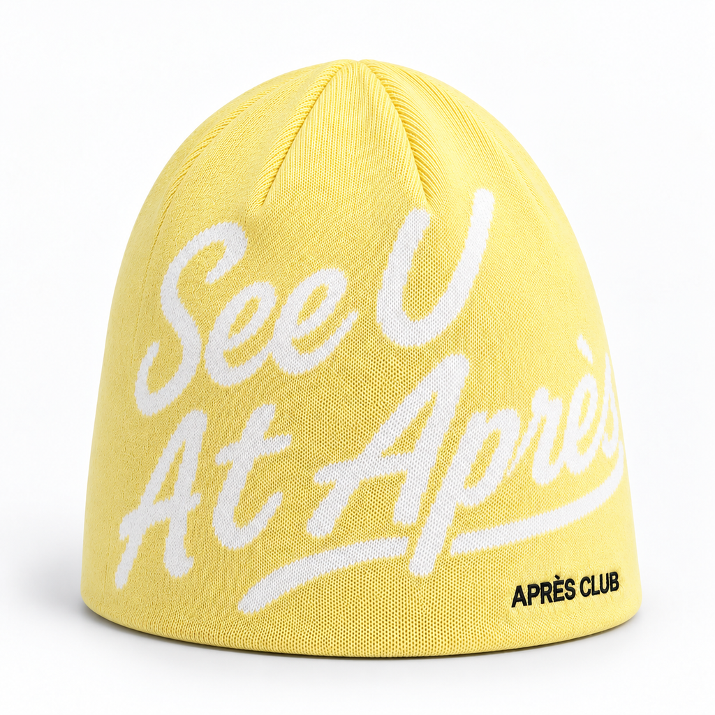 Butter yellow Après Club beanie, side view showing the skull-cap fit